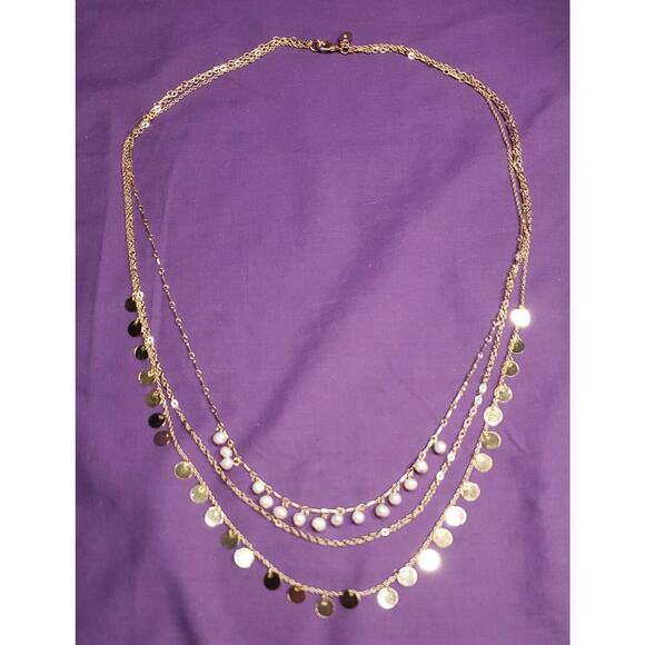 Ann Taylor Factory Signed Three Layer Necklace, Gold Tone w/Mini Baroque Pearls - Picture 6 of 12